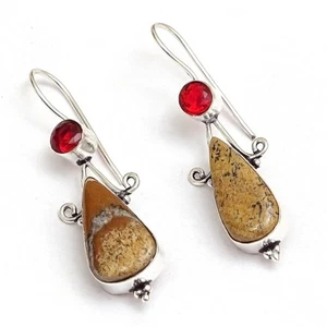 Wunderschöner natürlicher Bild Jaspis Edelstein versilbert Haken Ohrring 2 i393 - Bild 1 von 4