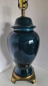 Vtg Mid Century Midnight Teal Blue Ceramic Asian Ginger Jar & Brass Table Lamp - Picture 1 of 7