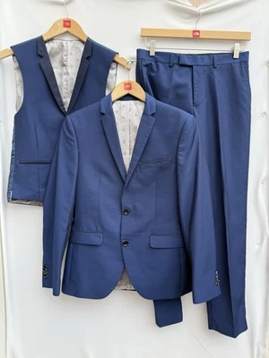 Lambretta Slim Fit 3 Piece Suit Jacket Waistcoat Trousers Blue Mod Style 36S 30S - Image 1 of 4