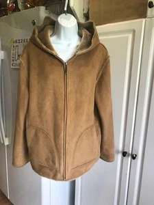 Women's Faux Fur Lined AEROS Suede Tan Coat Hoodie WARM Size Large Soft Fuzzy - Picture 1 of 9