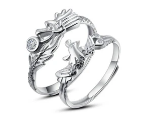 925 Sterling Silver Couple Dragon and Phoenix Ring Promise Adjustable Open Ring  - Bild 1 von 24