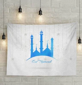 Islamic Holiday Wall Decor | Eid Mubarak Cloth Tapestry 51x59in | Blue & White - Picture 1 of 1