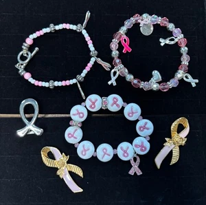 Breast Cancer Awareness Jewelry Set With Bracelets Brooches & Charms In Pink & G - Picture 1 of 10