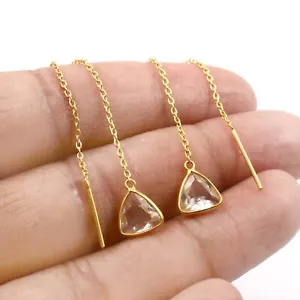 White Topaz Threader Earring - Natural Gemstone 18k Solid Gold Handmade Earring - Picture 1 of 3