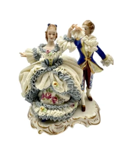 Dresden Lace Figurine Courtship Scene of a Dancing Couple - Picture 1 of 8