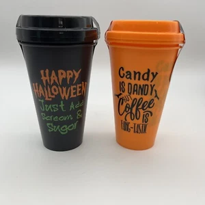 Lot Of 2 Reuseable Happy Halloween Bats Plastic Coffee Travel Cup To-Go 2 Ct Ea - Picture 1 of 8