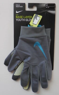 Nike Base Layer Run Gloves Youth Unisex Smoke Grey/Turquoise Blue Medium - Image 1 of 4