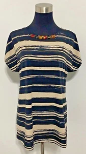 Susan Graver Artisan Shirt S Black Beige Gold Red Liquid Knit Embellished Beaded - Picture 1 of 5