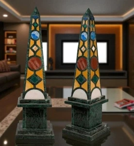 24" Two pcs Green Marble Obelisk Pietra Dura inlay Art Obelisk For Home Decors - Picture 1 of 5
