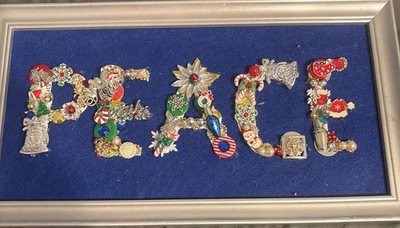 Vintage Jewelry Art Christmas "PEACE" Word Framed, Handmade,  13x8 Inch Great - Image 1 of 4
