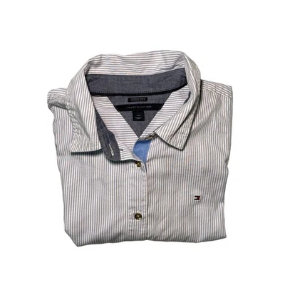 TOMMY HILFIGER Mens Large Button-Down Shirt Custom Fit Blue Striped Classic - Image 1 of 4