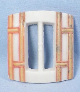 Belt Buckle White Milk Glass Yellow & Orange Plaid Paint Art Nouveau Vintage - Picture 1 of 3