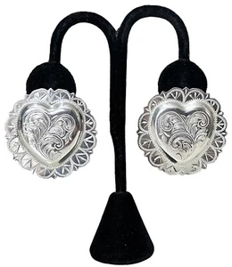 Sterling Silver Heart Concho Etched Earrings Handmade Signed RM HALL JOLON CA - Picture 1 of 7