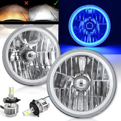 7" Azul SMD LED Halo Ojo de Ángel Cristal Transparente H4 Faro y 6500k Par de Bombillas LED Foto 1 de 4