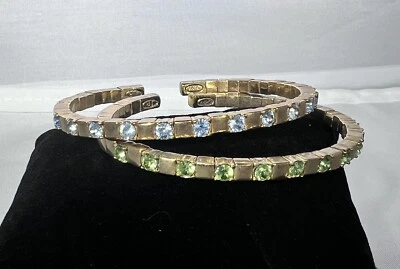 2 Joan Rivers Line Cuff Bracelets in  Goldtone Faux Peridot & Aqua Blue Crystals - Image 1 of 4
