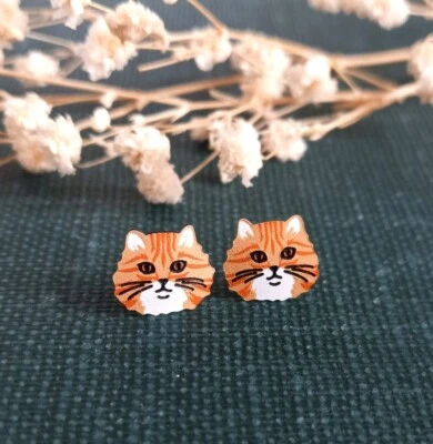 Aretes pequeños con poste facial de gato atigrado naranja cielo de Sienna hechos a mano lindo regalo divertido Foto 1 de 4