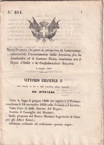 17118-R.DECRETO N°614, VITTORIO EMANUELE II, FRONTIERA LOMBARDIA E CANTON TICINO - Picture 1 of 5