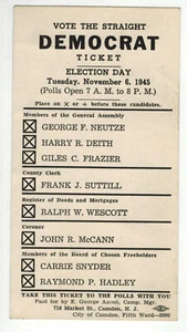 1945 POLITICAL CAMDEN NJ New Jersey DEMOCRAT TICKET CARD  11/6/45 Election Day - Picture 1 of 2