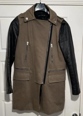 Zara Taupe Army Green Wool Asymmetrical Coat Hooded Jacket w/Faux Leather Size S - Image 1 of 4