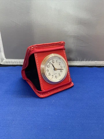 Red Travel Clock Analog Faux Leather Case 3.5" Cover