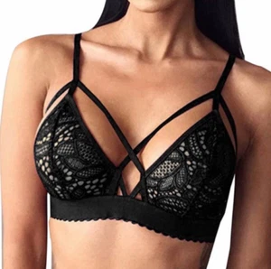 Black Lace Bralette Small 8 Bralet Sheer see through floral lace no wires - Picture 1 of 3