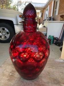 Vintage Pigeon Blood ruby Red Coin-Dot Glass Bottle & Stopper Decanter jug - Picture 1 of 8