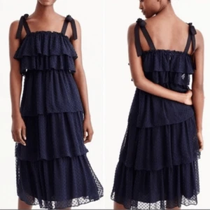 J. Crew Clip Dot Silk Blend Tie Shoulder Straps Tiered Dress Navy Blue Size 12 - Picture 1 of 7