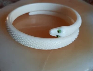 Victorian Braclet Snake Coiled Antique Bangle Cream White Green Eyes - Picture 1 of 15