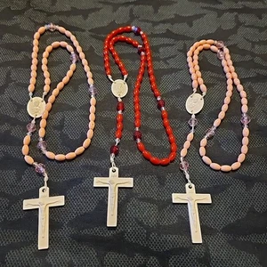 3 Vintage Catholic Prayer Rosary Plastic Bead Necklace Baby Pink Mary Crucifix - Picture 1 of 10