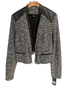 MOSSIMO Cropped Jacket Womens M Open Front Black White Rayon Leather Zippers - Picture 1 of 9