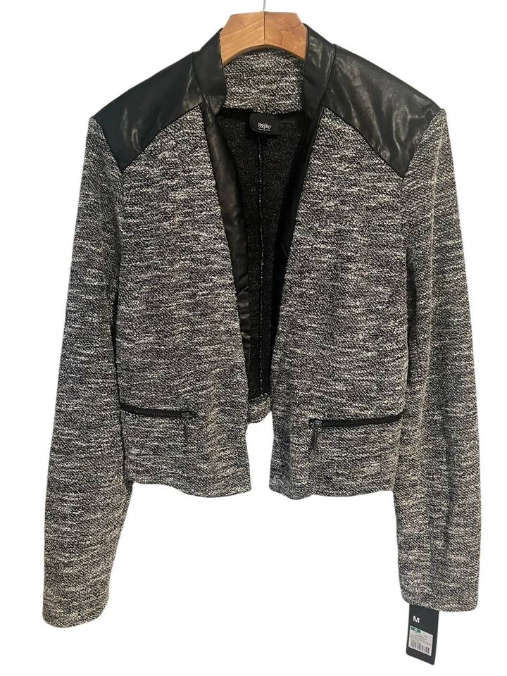 MOSSIMO Cropped Jacket Womens M Open Front Black White Rayon Leather Zippers - Image 1 of 4
