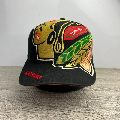 De colección Años 90 Chicago Blackhawks Logo Grande El Juego Sombrero Gorra Snapback Negro NHL Foto 1 de 4