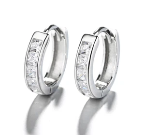 S925 Sterling Silver Square CZ Small Huggie Hoop Earrings 14mm Women Men I32 - Picture 1 of 6