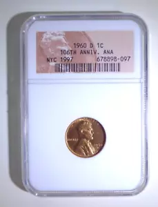1960 D SMALL DATE CENT 106th ANA ANNIVERSARY NYC 1997 NGC SAMPLE SLAB 097 & 096 - Picture 1 of 6