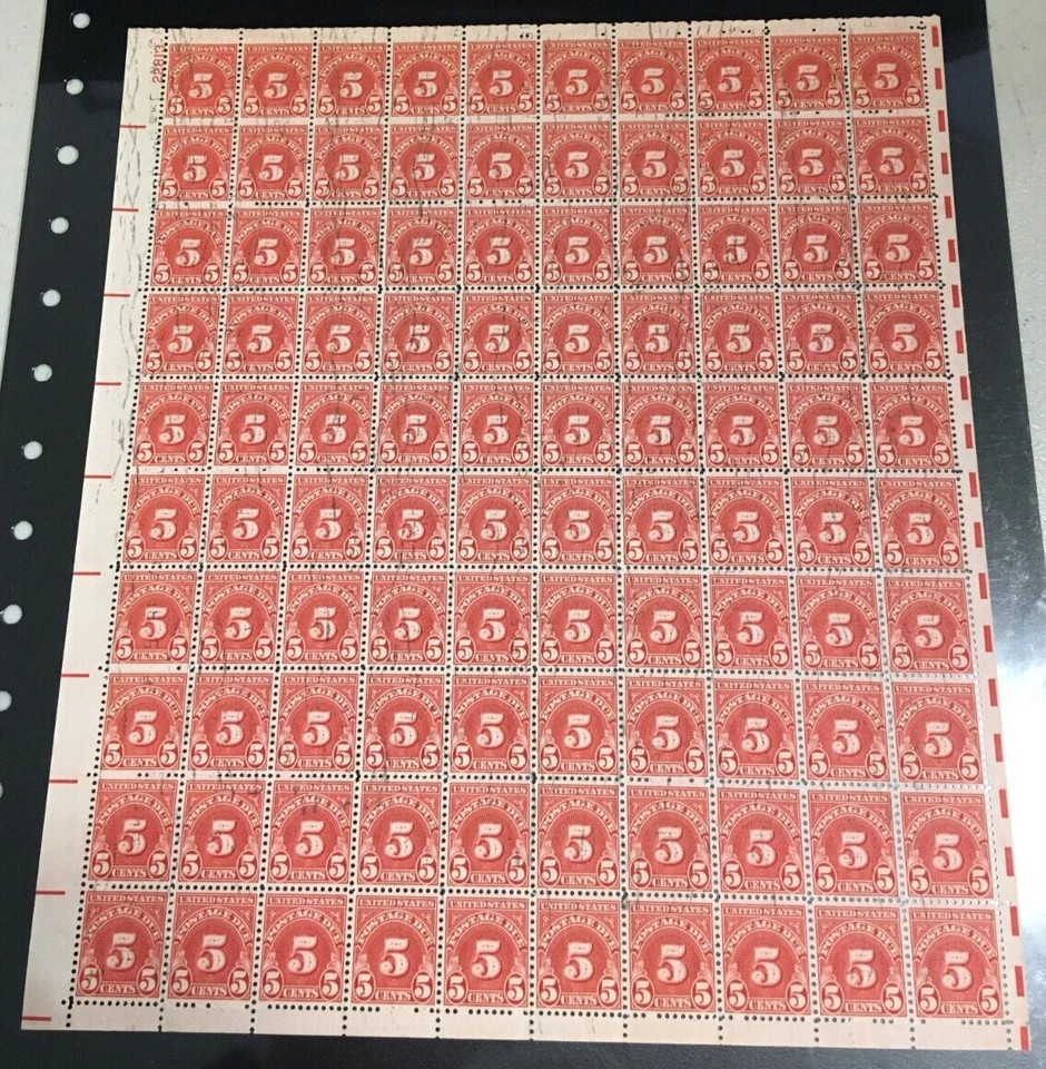 J83 5 cent Precancel Postage Due FULL Mint SHEET OF 100 MINT NH OG - Image 1 of 2