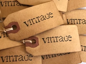 100 Small word "VINTAGE" Primitive Coffee Stained handmade price Gift Hang Tags - Picture 1 of 3