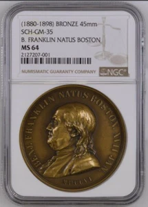 (1880-1898) SCH-GM-35 NGC MS 64 B. FRANKLIN NATUS BOSTON Bronzemedaille. T2598 - Bild 1 von 2