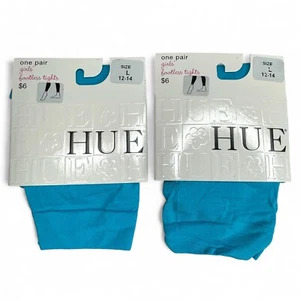HUE Girls Size L (12-14) Neon Blue Flat Knit Footless Tights 73-95 Lbs 2 Pairs - Picture 1 of 4