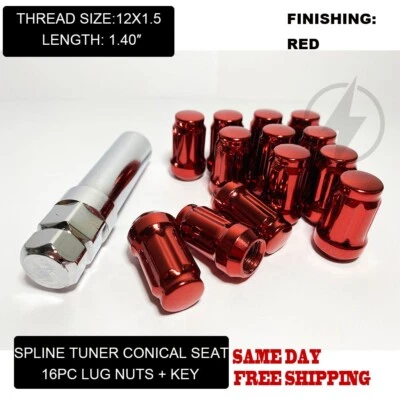 FIT MITSUBISHI I-MIEV LANCER MIRAGE SPLINE LUG NUT CONE SEAT 12x1.5 RED 16+KEY - Image 1 of 4