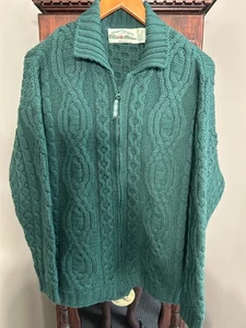 Vintage Aran Crafts Dark Green Fisherman Cable Zip Up Collared W Med 100% Wool - Picture 1 of 11