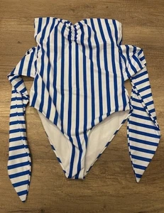 SHEIN blau/weiß gestreifter trägerloser Badeanzug vorne oder hinten zum Binden Größe S - Bild 1 von 2