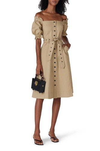 VETEMENTS Abito in tela con cintura e maniche a sbuffo Marissa Webb taglia 14 prezzo al pubblico consigliato $339 in kaki