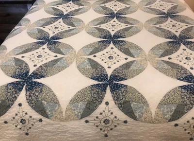 Vintage Quilted Bedspread Embroidery 80x84” Cottage Blue Pansies Orange Peel - Image 1 of 4