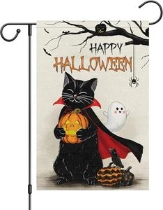 Halloween Gato Negro Jardín Bandera 12x18 Doble Cara, Arpillera Halloween-12" x 18" - Imagen 1 de 5