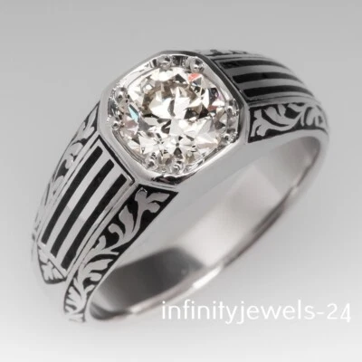 Anillo de boda esmaltado para hombre creado en laboratorio 2,19 quilates diamante corte redondo oro blanco de 14 quilates FN Foto 1 de 4