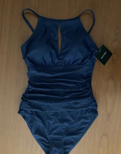 $98 Ellen Tracy Women's Keyhole High Neck One Piece Swimsuit Navy NWT Size 8 - Picture 1 of 6