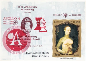 W CHAD 0233B (1) DL9R APOLLO 4 CHESS RED OVPT ON SCOUT UNICEF ROYALTY PAINTING - Picture 1 of 1