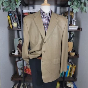 Chaps Men's Sport Coat Blazer Three Button Beige Herringbone Silk Size 46R - Picture 1 of 18