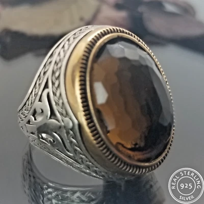 Anillo de plata de ley 925 con piedra de cuarzo ahumado para hombre estilo otomano hecho a mano Foto 1 de 4