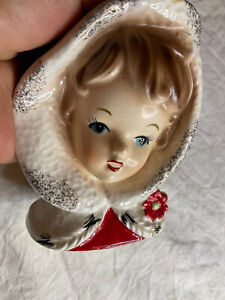 Vintage Inarco Christmas Head Vase Girl Winter Hood Red Poinsettia Great Co